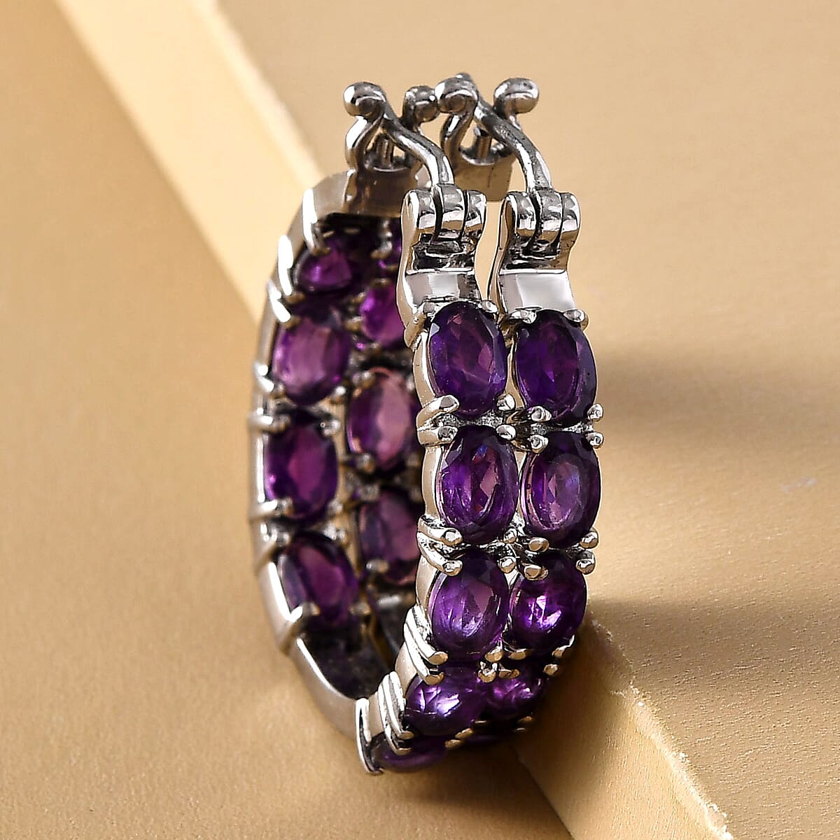 African Amethyst 7.30 ctw Hoop Earrings in Stainless Steel image number 2