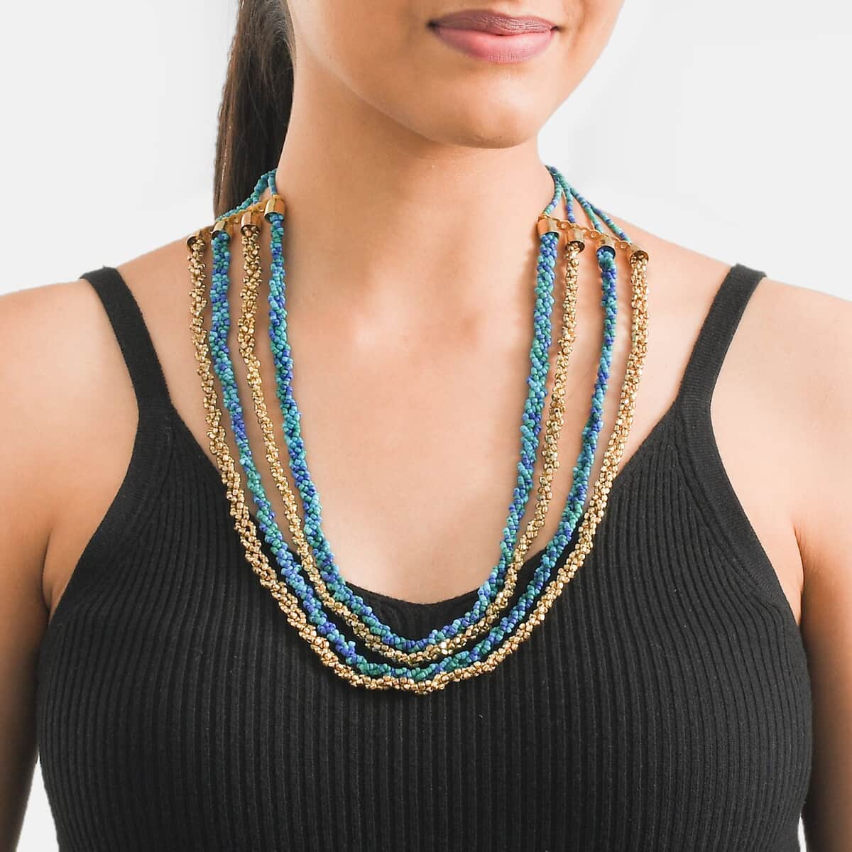 Turquoise and Blue Beaded Multi Strand Necklace in Goldtone 24-26 Inches image number 1