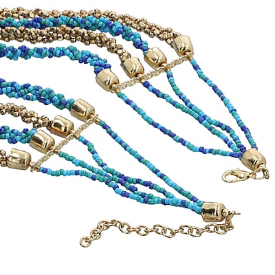 Turquoise and Blue Beaded Multi Strand Necklace in Goldtone 24-26 Inches