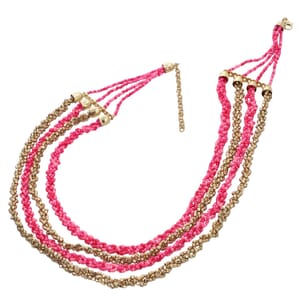 Fuchsia and Pink Beaded Multi Strand Necklace in Goldtone 24-26 Inches