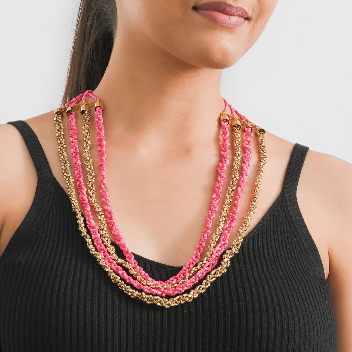 Fuchsia and Pink Beaded Multi Strand Necklace in Goldtone 24-26 Inches image number 1