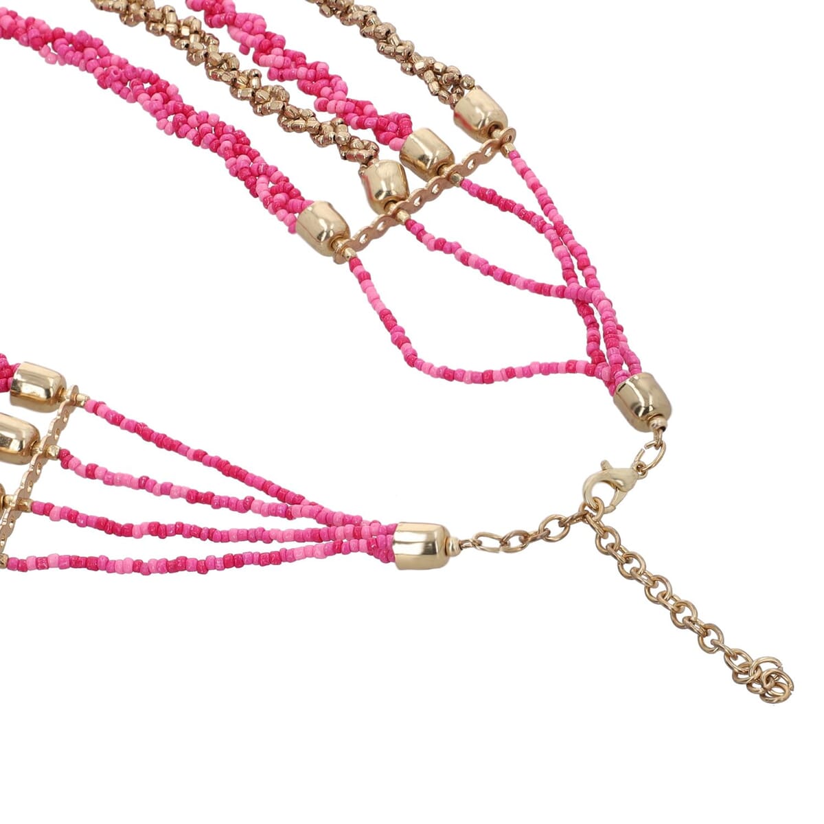 Fuchsia and Pink Beaded Multi Strand Necklace in Goldtone 24-26 Inches image number 3