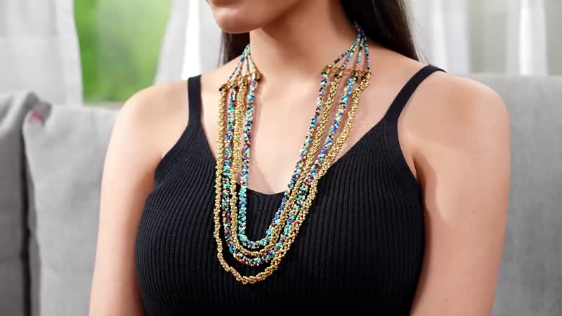Turquoise and Blue Beaded Multi Strand Necklace (24 Inches) in Goldtone