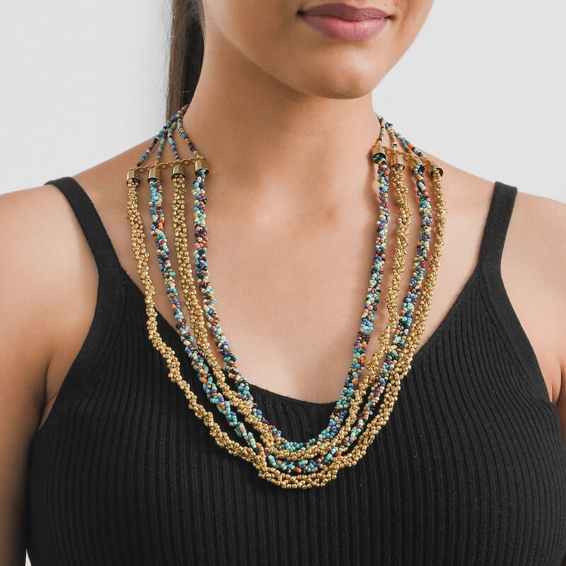 Multi Color Beaded Multi Strand Necklace in Goldtone 24-26 Inches