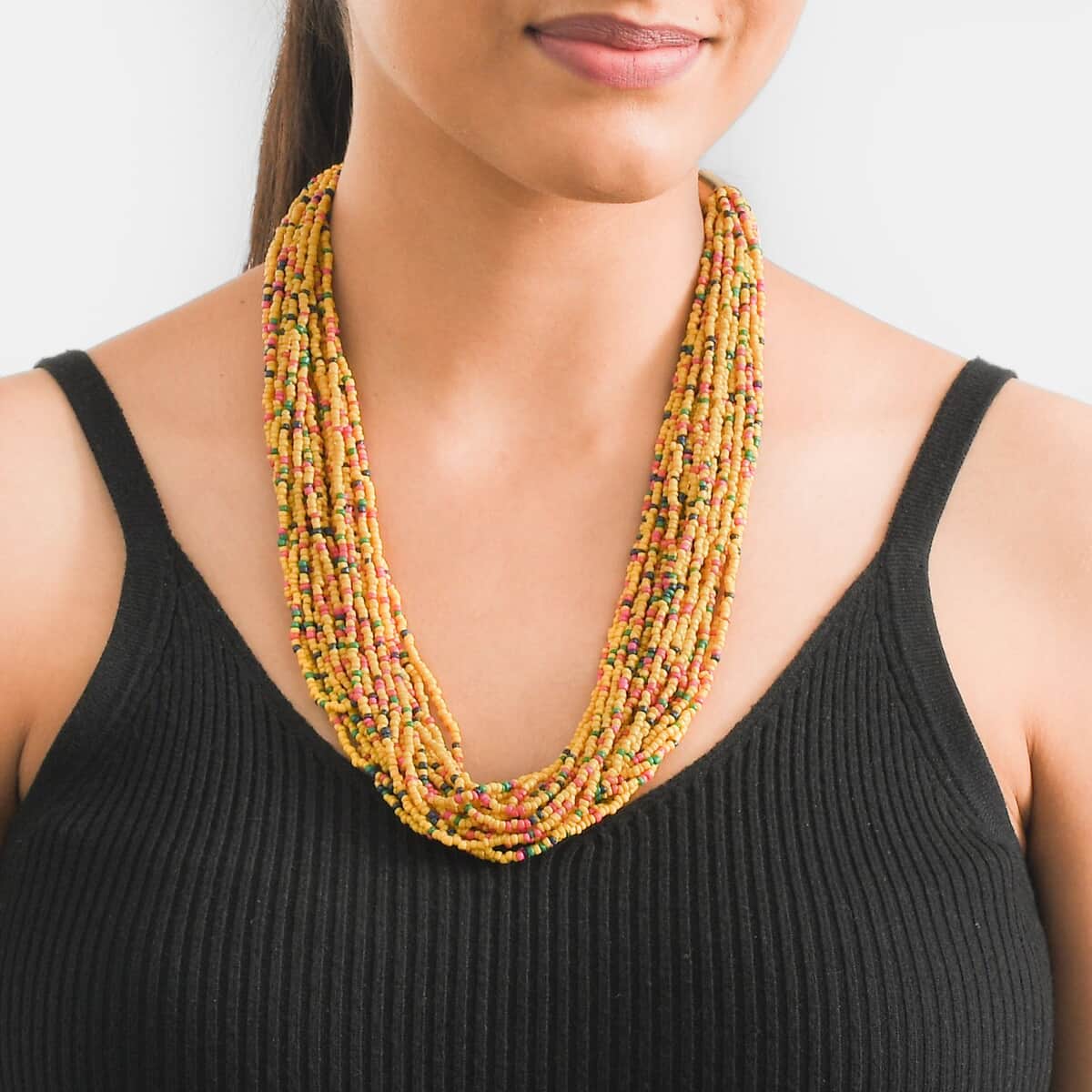 Yellow Seed Beaded Multi Layered Necklace 20-22 inches in Goldtone image number 1