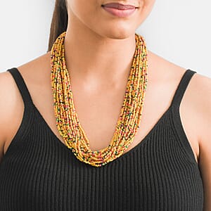 Yellow Seed Beaded Multi Layered Necklace 20-22 inches in Goldtone