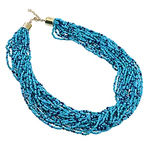 Turquoise Seed Beaded Multi Layered Necklace 20-22 inches in Goldtone
