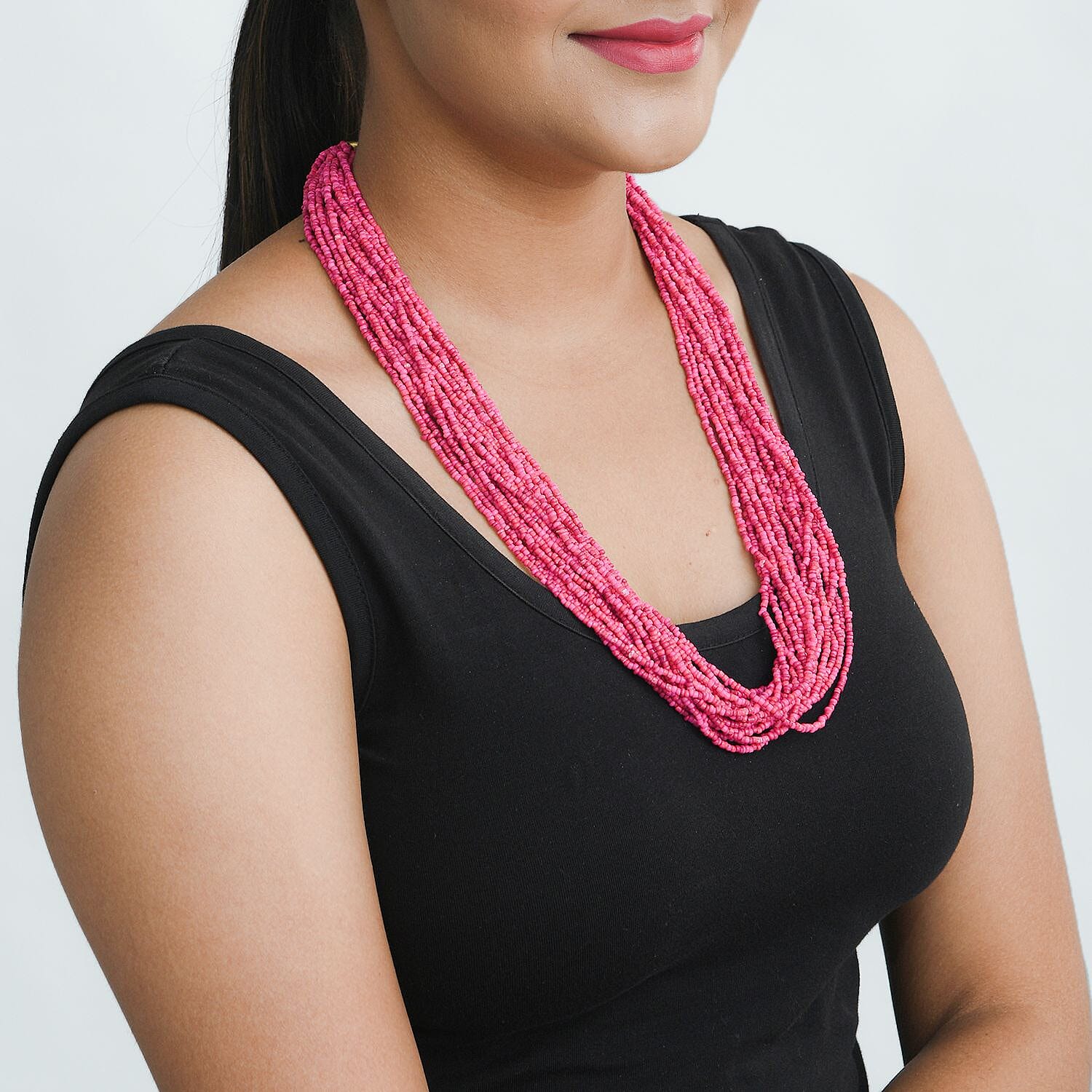 Fuchsia Seed Beaded Multi Layered Necklace 20-22 inches in Goldtone