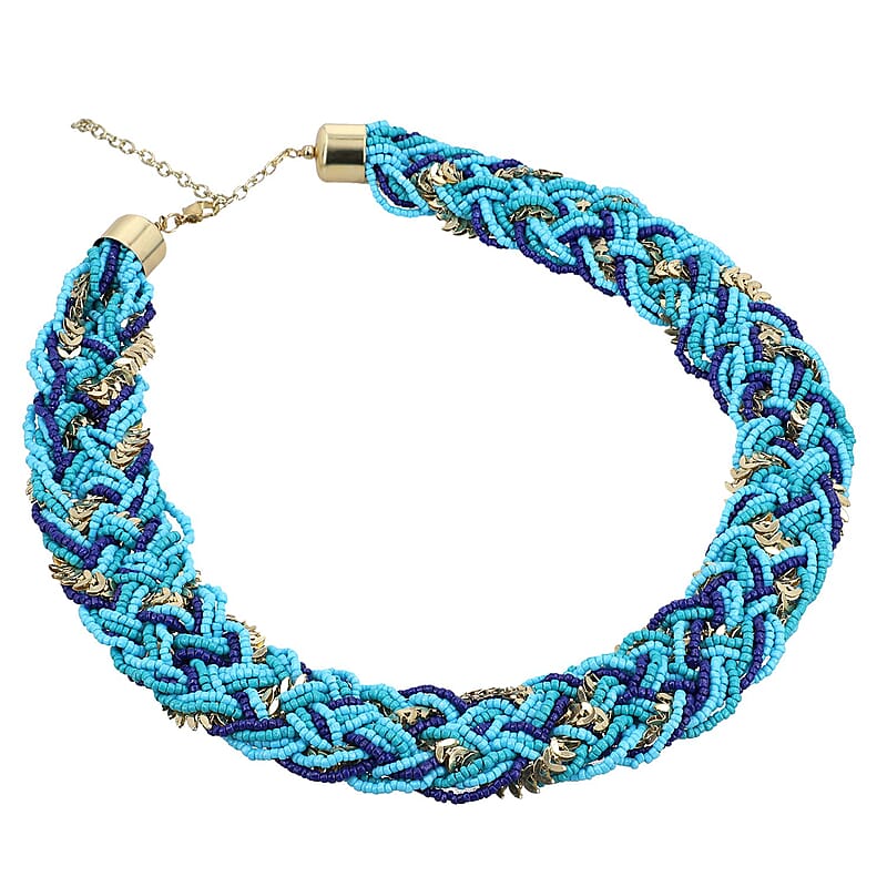 Turquoise and Blue Criss Cross Style Seed Beaded Necklace in Goldtone 19-22 Inches