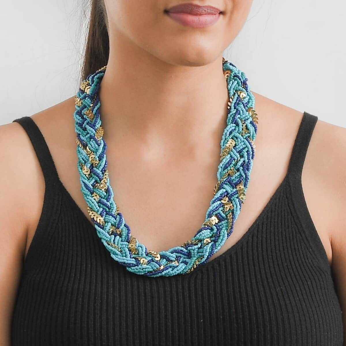 Turquoise and Blue Criss Cross Style Seed Beaded Necklace 22 Inches in Goldtone image number 1