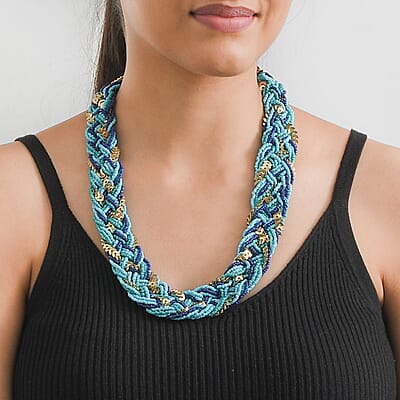Turquoise and Blue Criss Cross Style Seed Beaded Necklace in Goldtone 19-22 Inches