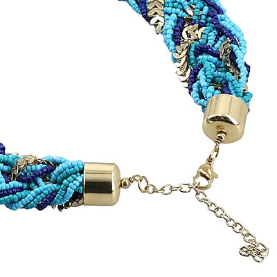 Turquoise and Blue Criss Cross Style Seed Beaded Necklace in Goldtone 19-22 Inches