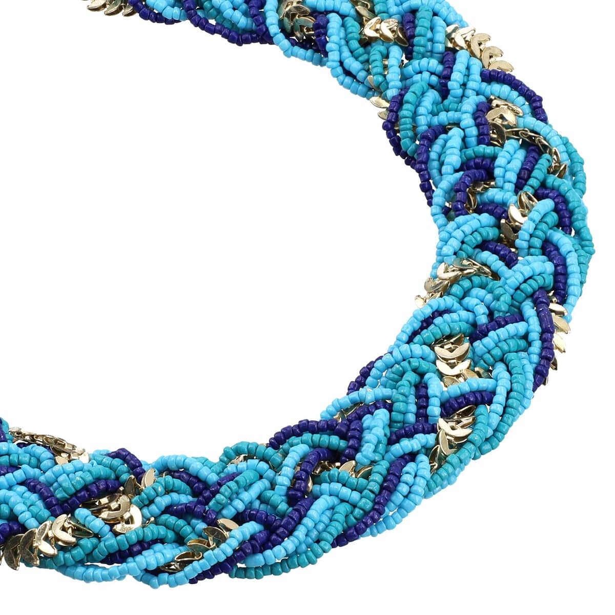 Turquoise and Blue Criss Cross Style Seed Beaded Necklace in Goldtone 19-22 Inches image number 3