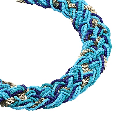 Turquoise and Blue Criss Cross Style Seed Beaded Necklace in Goldtone 19-22 Inches
