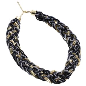 Black and Gray Criss Cross Style Seed Beaded Necklace in Goldtone 19-22 Inches