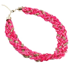 Fuchsia and Pink Criss Cross Style Seed Beaded Necklace in Goldtone 19-22 Inches