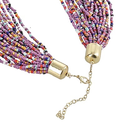 Purple with Multi Color Multi Layered Beaded Necklace in Goldtone 18-20 Inches
