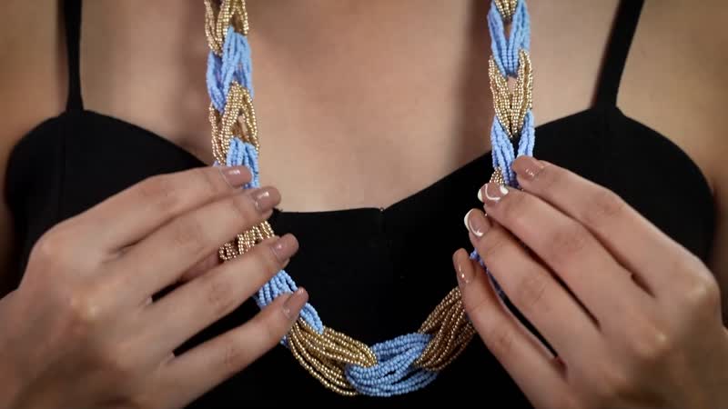 Beige and Sky Blue Linking Style Beaded Necklace (19 inches)