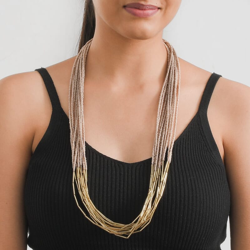 Ivory Multi Layered Glass Seed Beaded Necklace in Goldtone 30-32 Inches