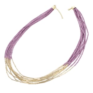 Lilac and Beige Multi Layered Glass Seed Beaded Necklace in Goldtone 30-32 Inches