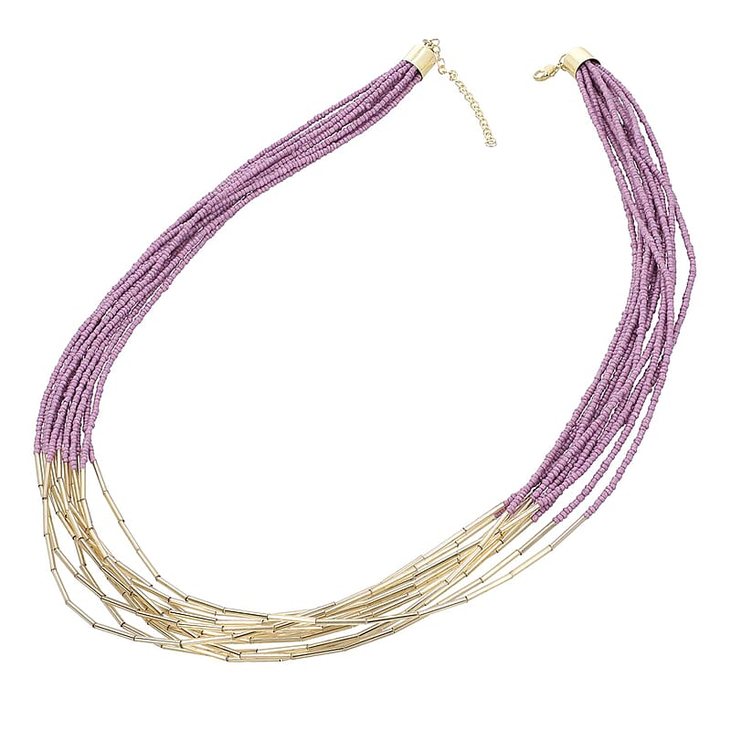 Lilac and Beige Multi Layered Glass Seed Beaded Necklace in Goldtone 30-32 Inches