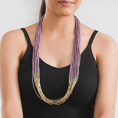 Lilac and Beige Multi Layered Glass Seed Beaded Necklace in Goldtone 30-32 Inches