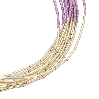 Lilac and Beige Multi Layered Glass Seed Beaded Necklace in Goldtone 30-32 Inches