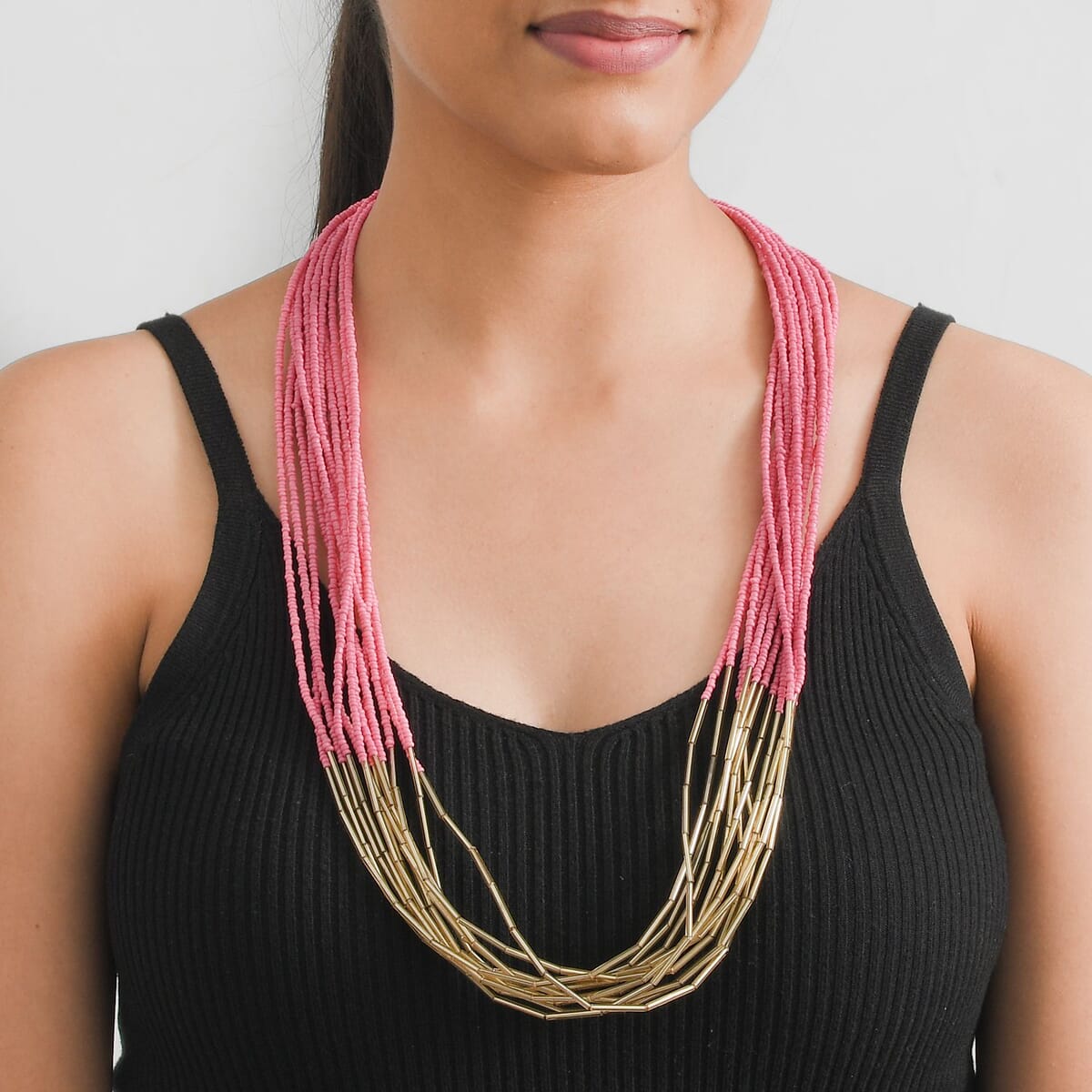 Fuchsia Pink Multi Layered Glass Seed Beaded Necklace  in Goldtone30-32 Inches image number 1