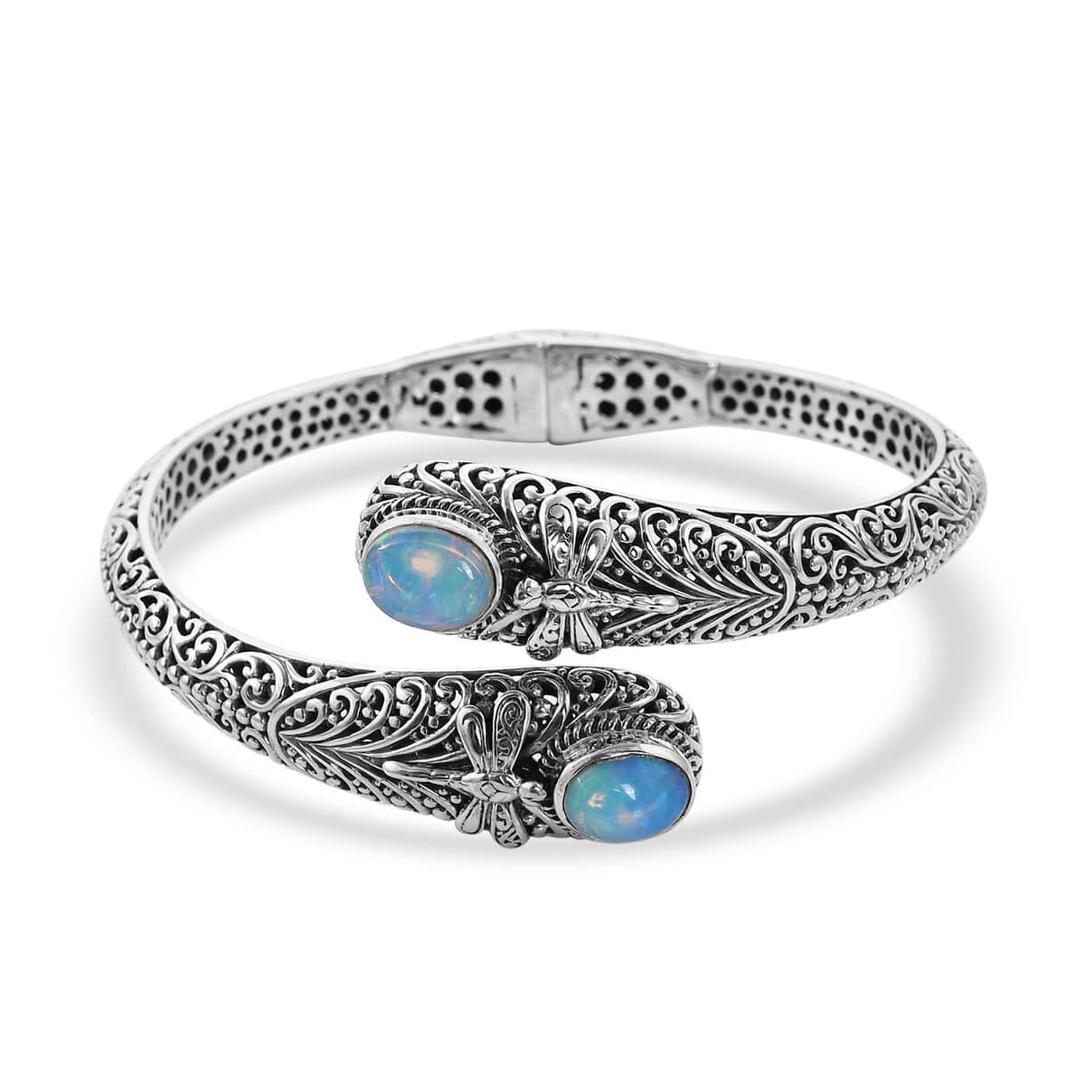 Mother’s Day Gift Bali Legacy Ethiopian Welo Opal Dragonfly Bangle Bracelet in Sterling Silver (7.25 In) 3.40 ctw image number 0