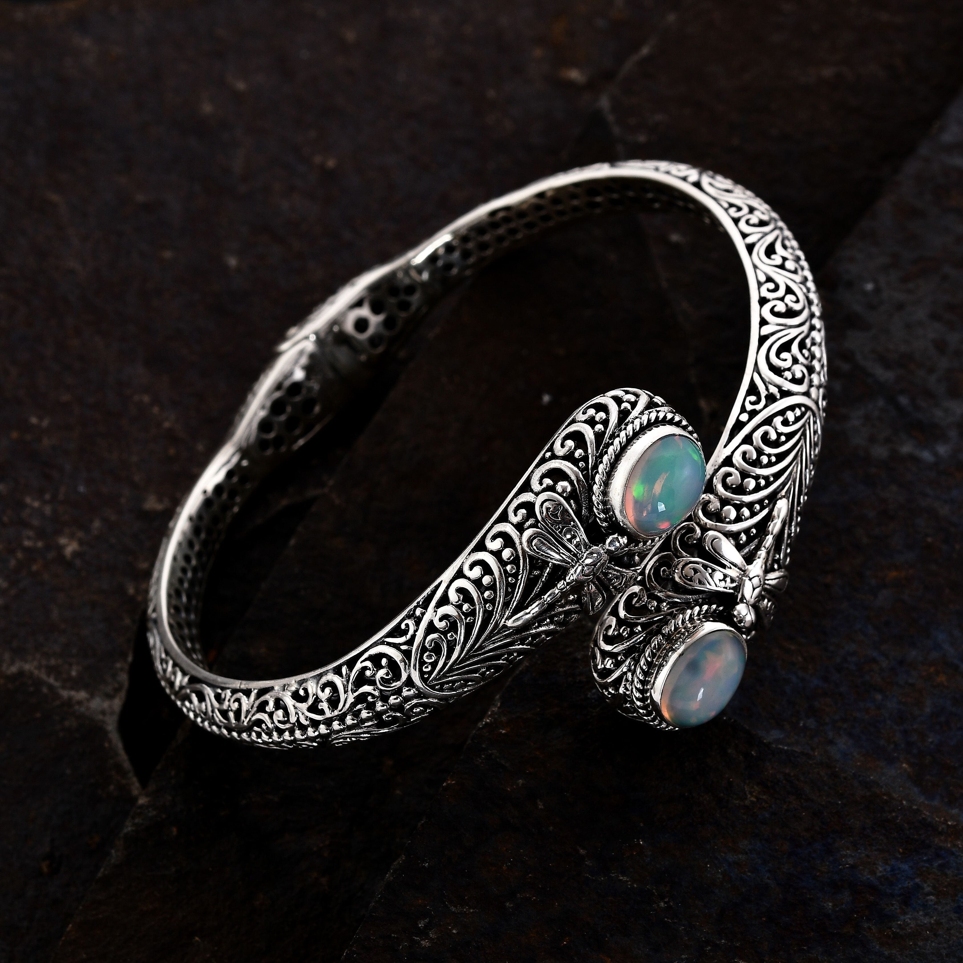 Bali Legacy Ethiopian Welo Opal 3.40 ctw Dragonfly Bangle Bracelet in Sterling Silver (7.25 In)