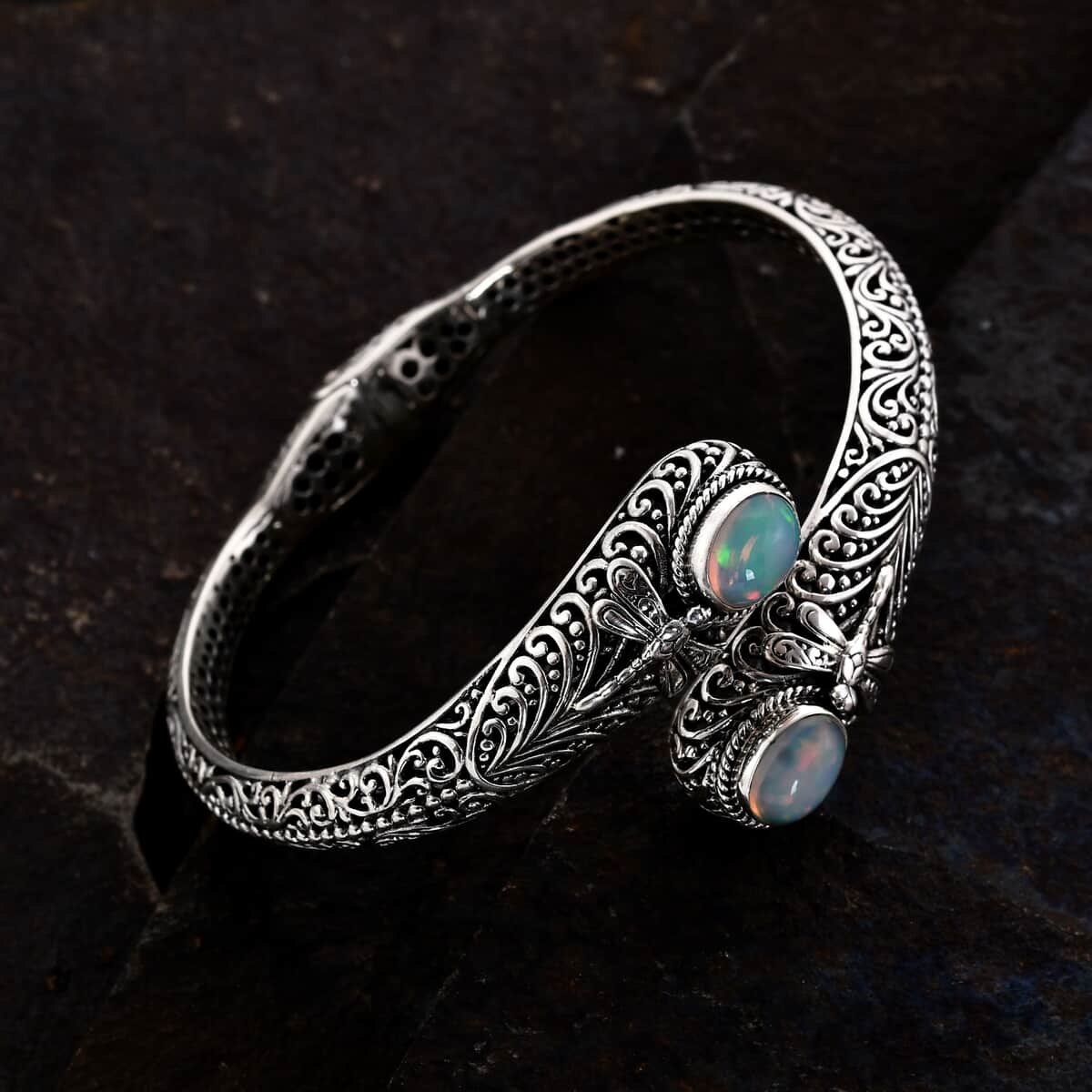 Mother’s Day Gift Bali Legacy Ethiopian Welo Opal Dragonfly Bangle Bracelet in Sterling Silver (7.25 In) 3.40 ctw image number 1