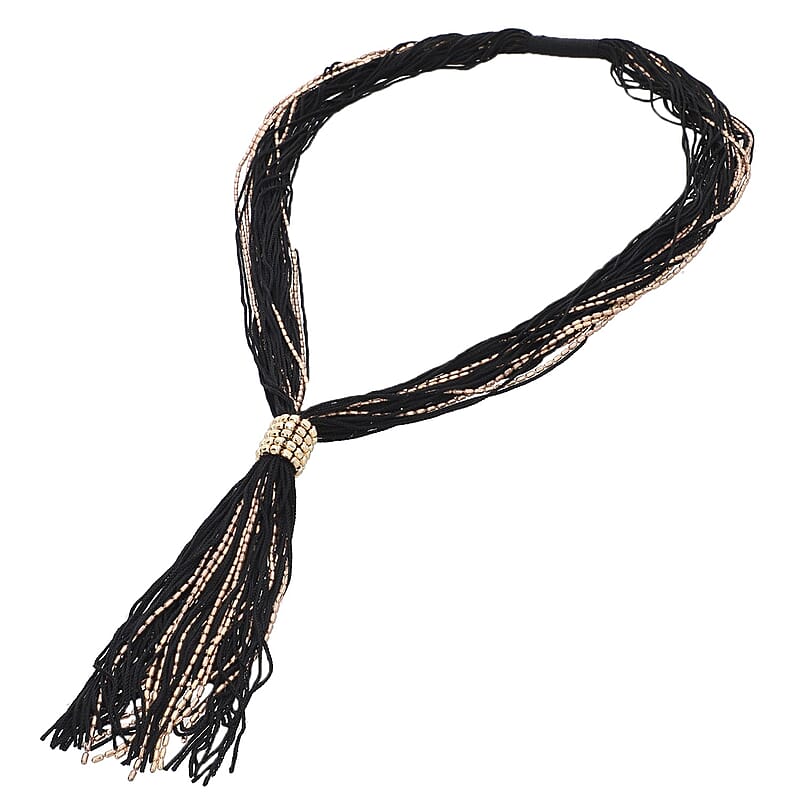 Black Tasseled Collar Glass Seed Beaded Necklace in Goldtone 32 Inches