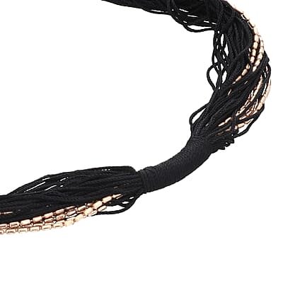 Black Tasseled Collar Glass Seed Beaded Necklace in Goldtone 32 Inches