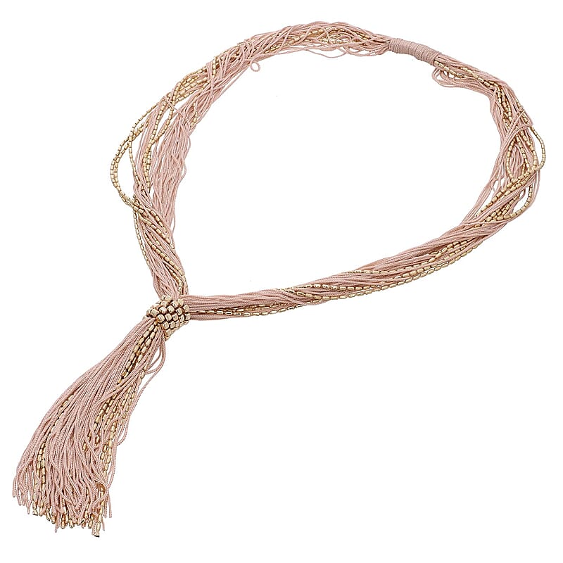 Peach Tasseled Collar Glass Seed Beaded Necklace in Goldtone 32 Inches