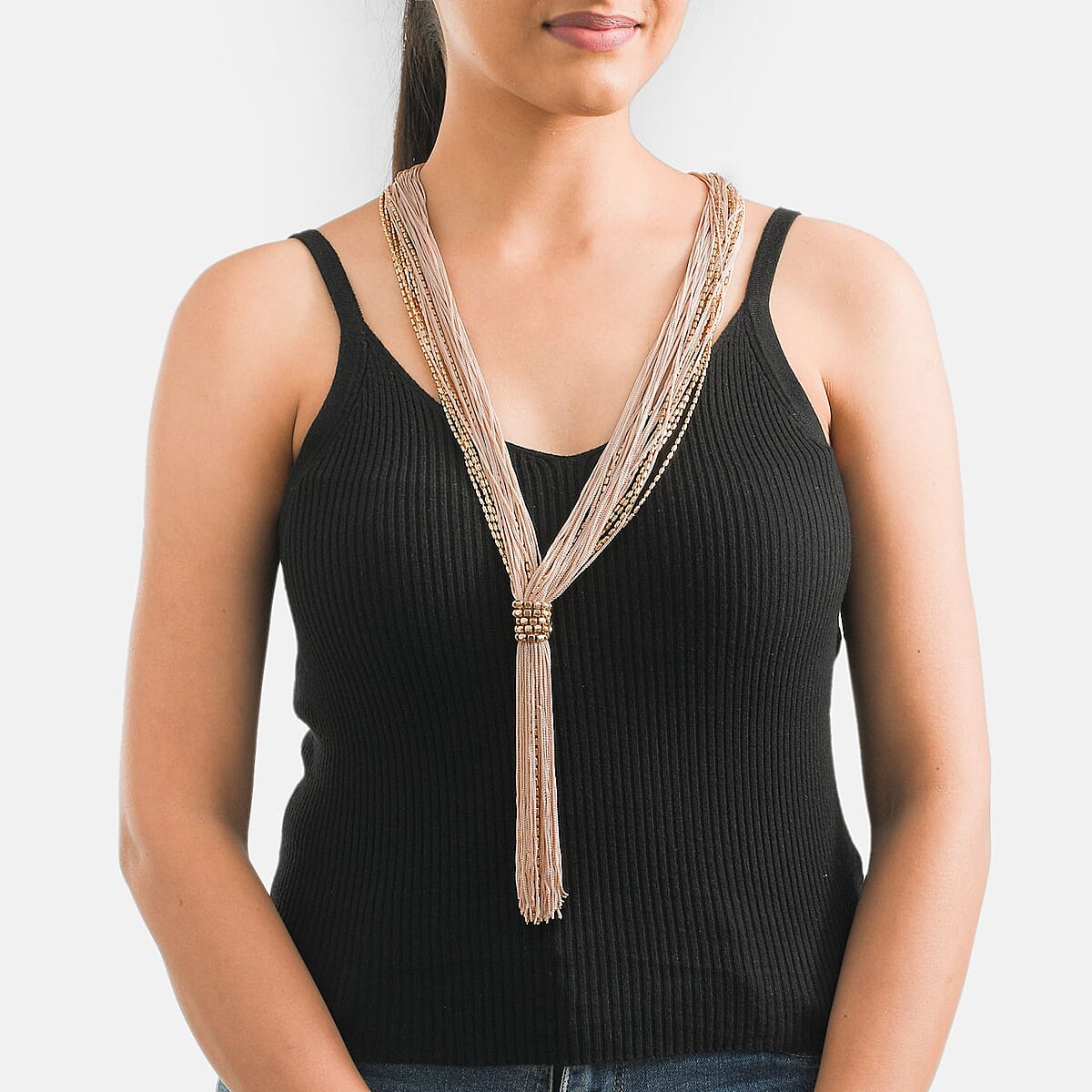 Peach Tasseled Collar Glass Seed Beaded Necklace in Goldtone 32 Inches image number 1