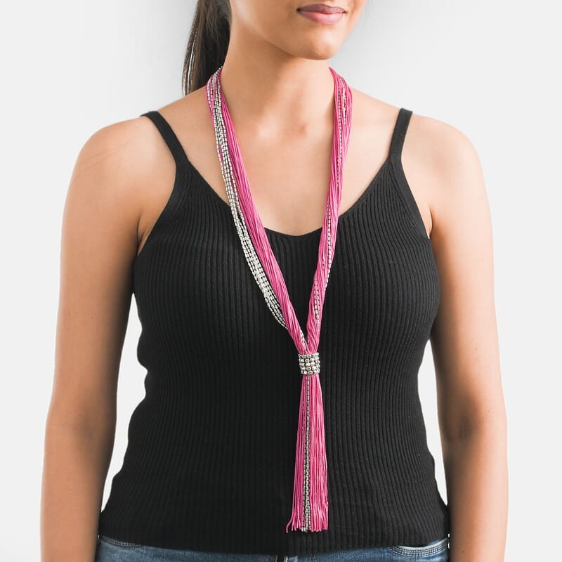 Fuchsia Tasseled Collar Glass Seed Beaded Necklace in Silvertone 32 Inches