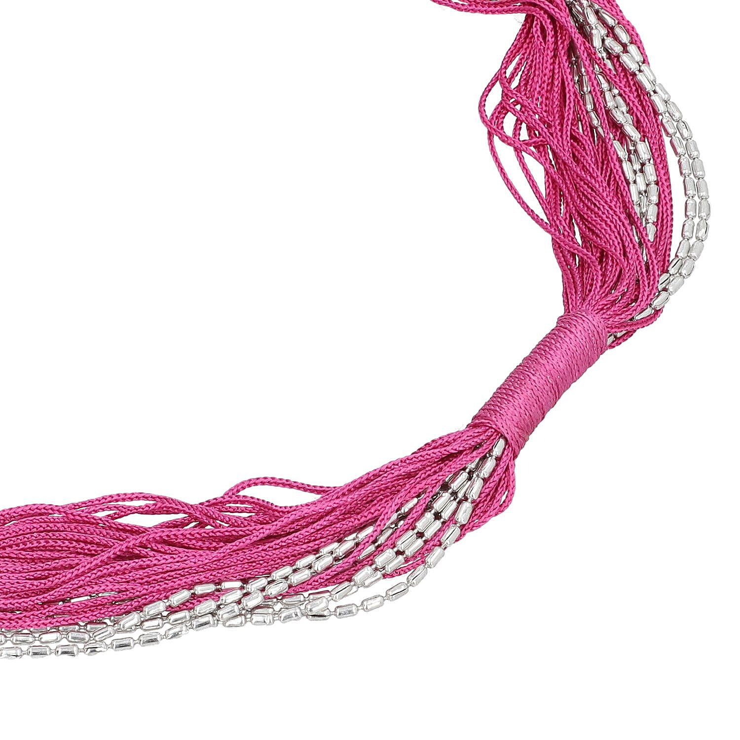 Fuchsia Tasseled Collar Glass Seed Beaded Necklace in Silvertone 32 Inches