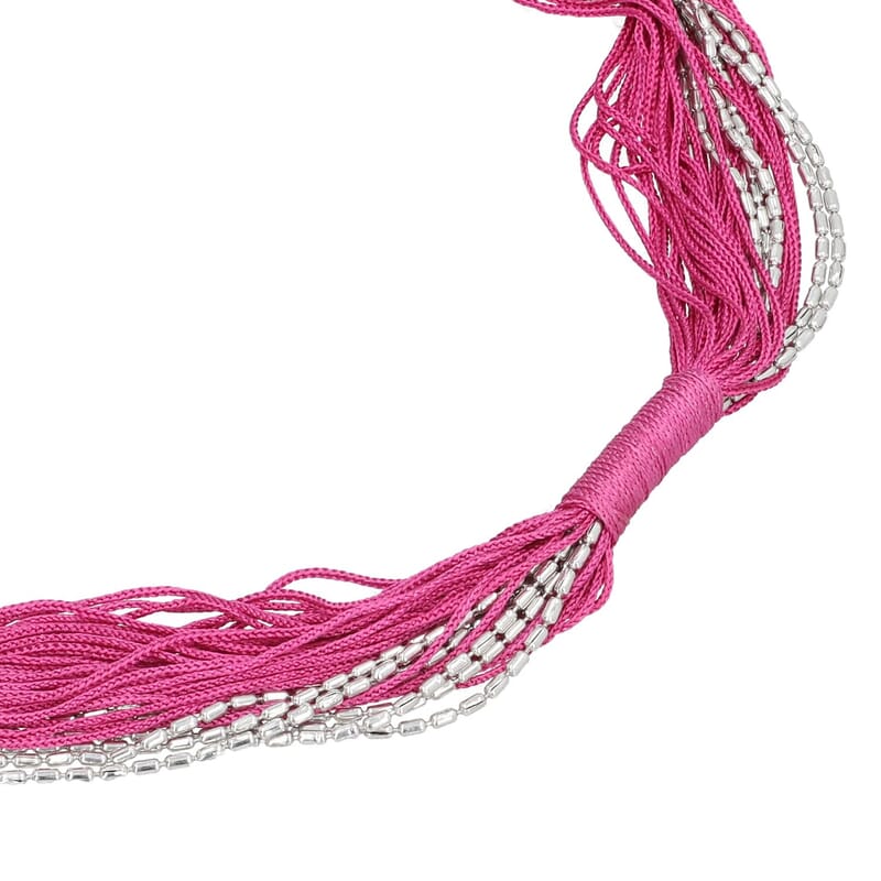 Fuchsia Tasseled Collar Glass Seed Beaded Necklace in Silvertone 32 Inches