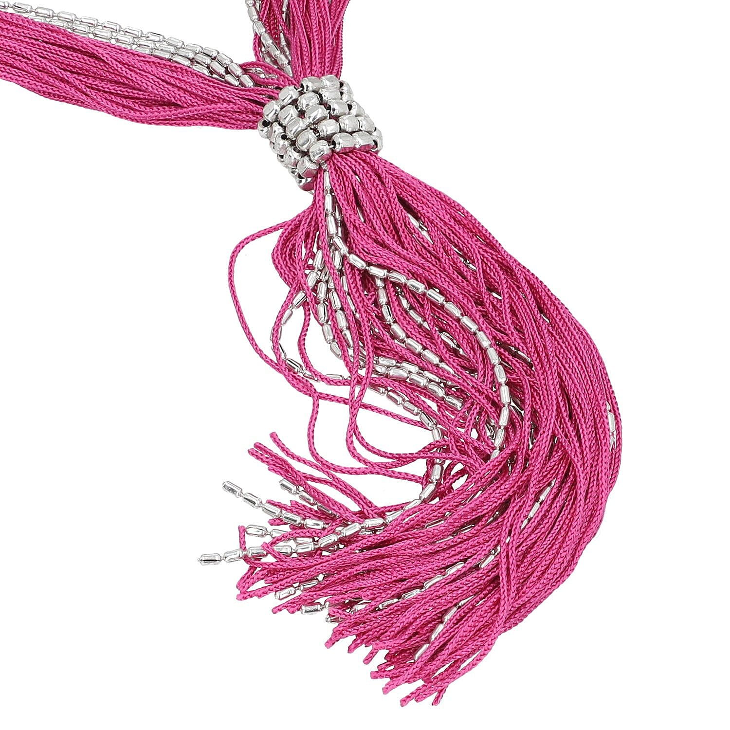 Fuchsia Tasseled Collar Glass Seed Beaded Necklace in Silvertone 32 Inches
