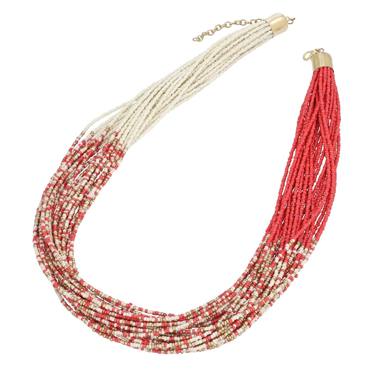 Coral and Ivory Knotted Glass Seed Beaded Necklace 26 Inches in Goldtone image number 0