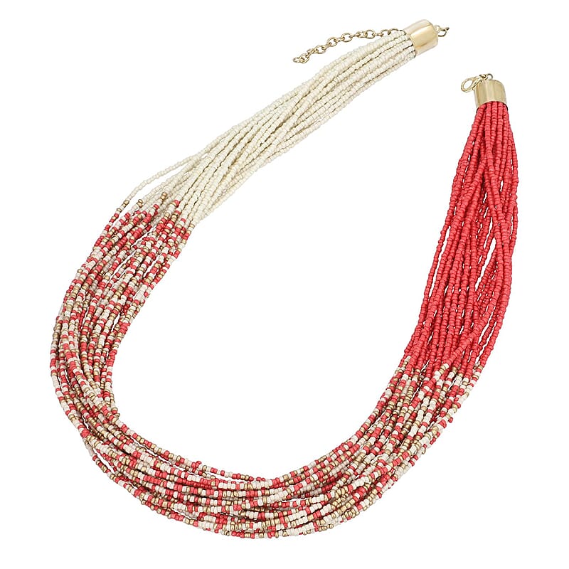 Coral and Ivory Knotted Glass Seed Beaded Necklace in Goldtone 17-19 Inches