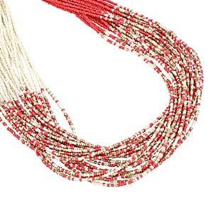 Coral and Ivory Knotted Glass Seed Beaded Necklace in Goldtone 17-19 Inches