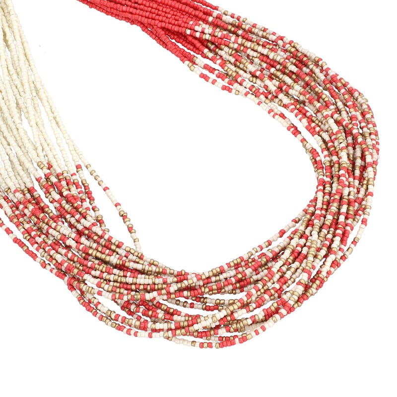 Coral and Ivory Knotted Glass Seed Beaded Necklace in Goldtone 17-19 Inches