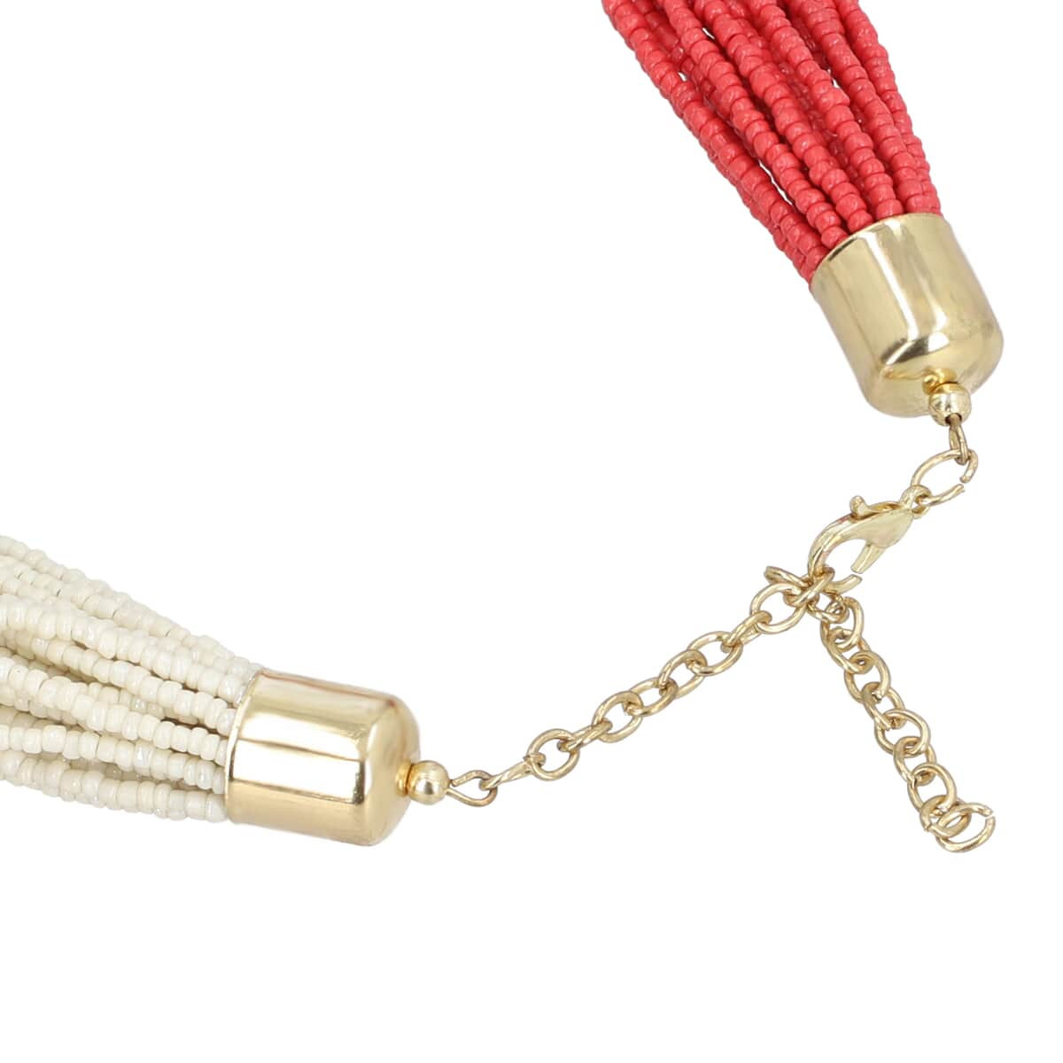 Coral and Ivory Knotted Glass Seed Beaded Necklace in Goldtone 17-19 Inches image number 3