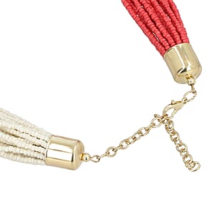 Coral and Ivory Knotted Glass Seed Beaded Necklace in Goldtone 17-19 Inches