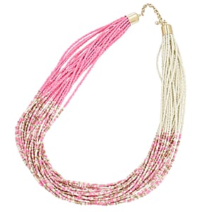 Pink Knotted Glass Seed Beaded Necklace in Goldtone 17-19 Inches