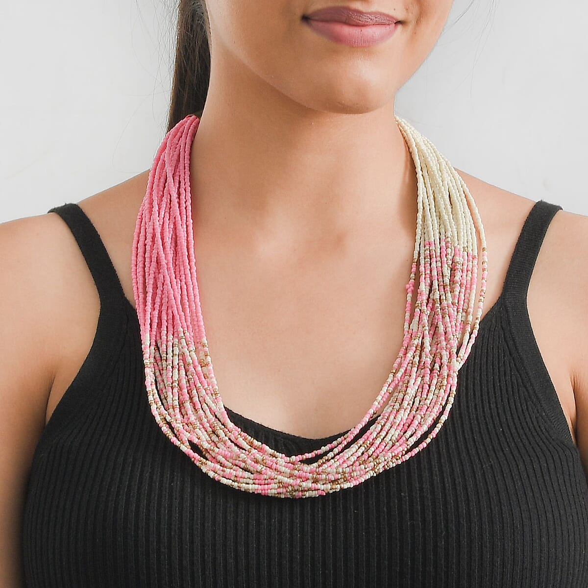 Pink Knotted Glass Seed Beaded Necklace in Goldtone 17-19 Inches image number 1