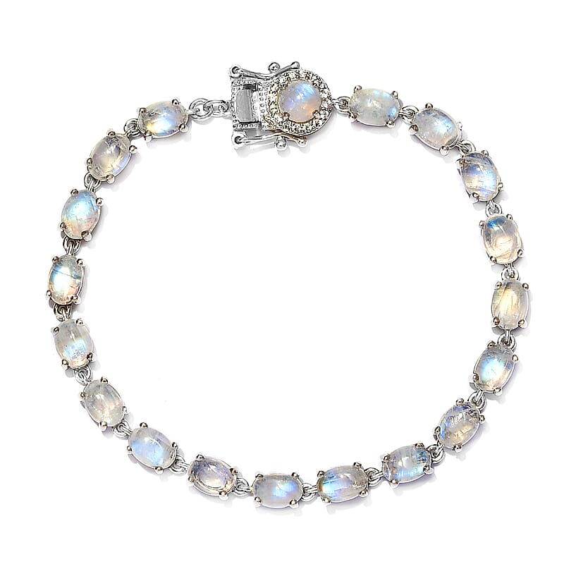 Kuisa Rainbow Moonstone and Natural White Zircon Tennis Bracelet in Platinum Over Sterling Silver (7.25 In) 19.40 ctw