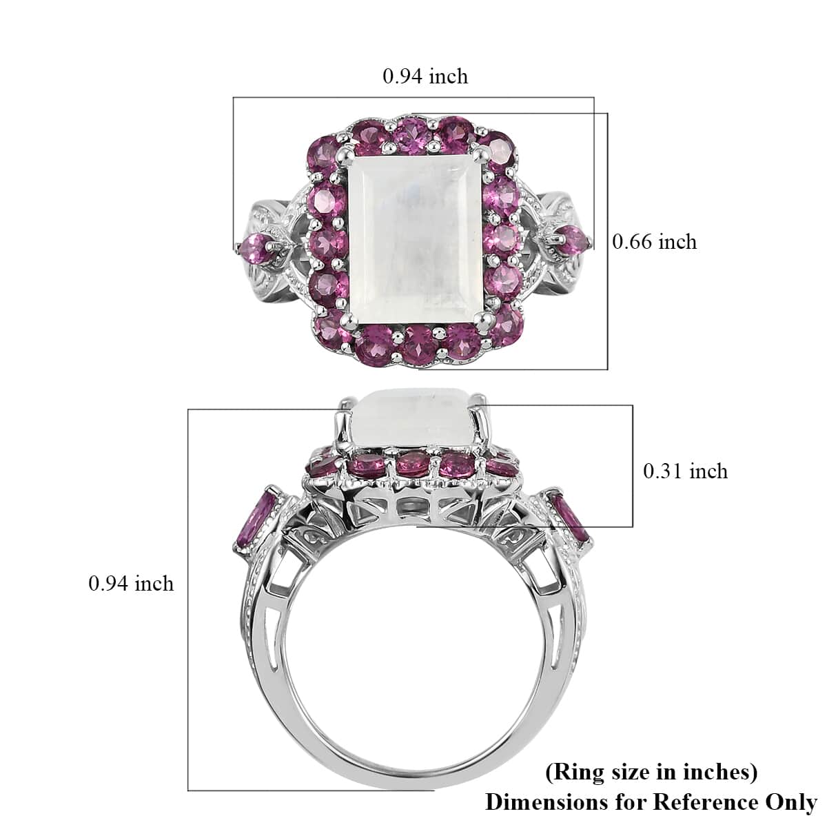 Kuisa Rainbow Moonstone and Orissa Rhodolite Garnet Ring in Platinum Over Sterling Silver (Size 7.0) 4.85 ctw image number 5