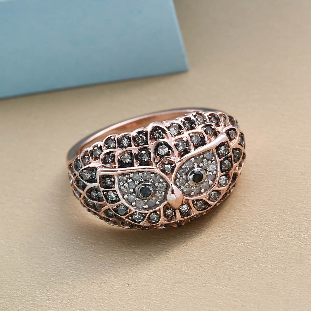 GP Italian Garden Collection Multi Diamond Owl Ring in Vermeil Rose Gold Over Sterling Silver (Size 7.0) 0.50 ctw image number 1